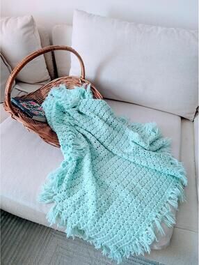 Small Vintage Handmade Light Blue /teal/ Aqua Crochet Baby Blanket Throw Afghan